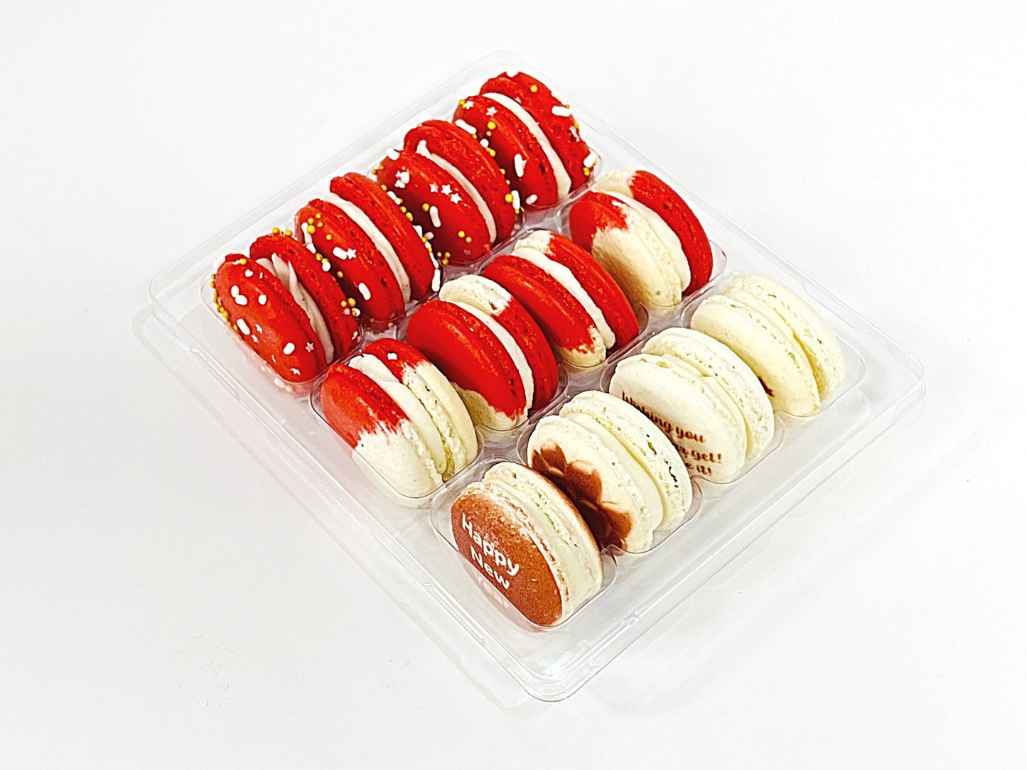 12 Pack Happy New Year Collection with Clear Gift Box | Red | Perfect for ringing in the New Year festivities - Macaron Centrale