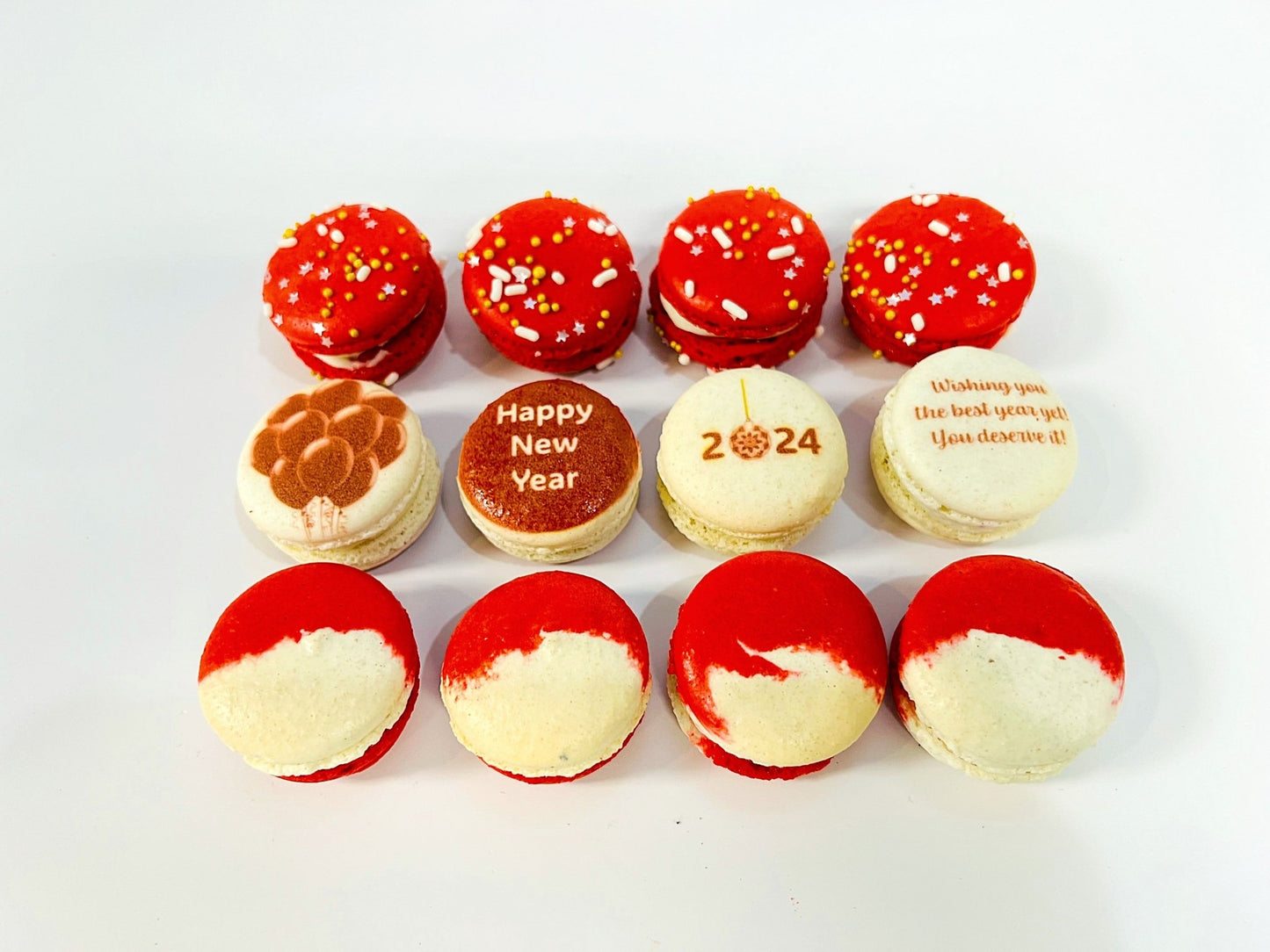 12 Pack Happy New Year Collection with Clear Gift Box | Red | Perfect for ringing in the New Year festivities - Macaron Centrale