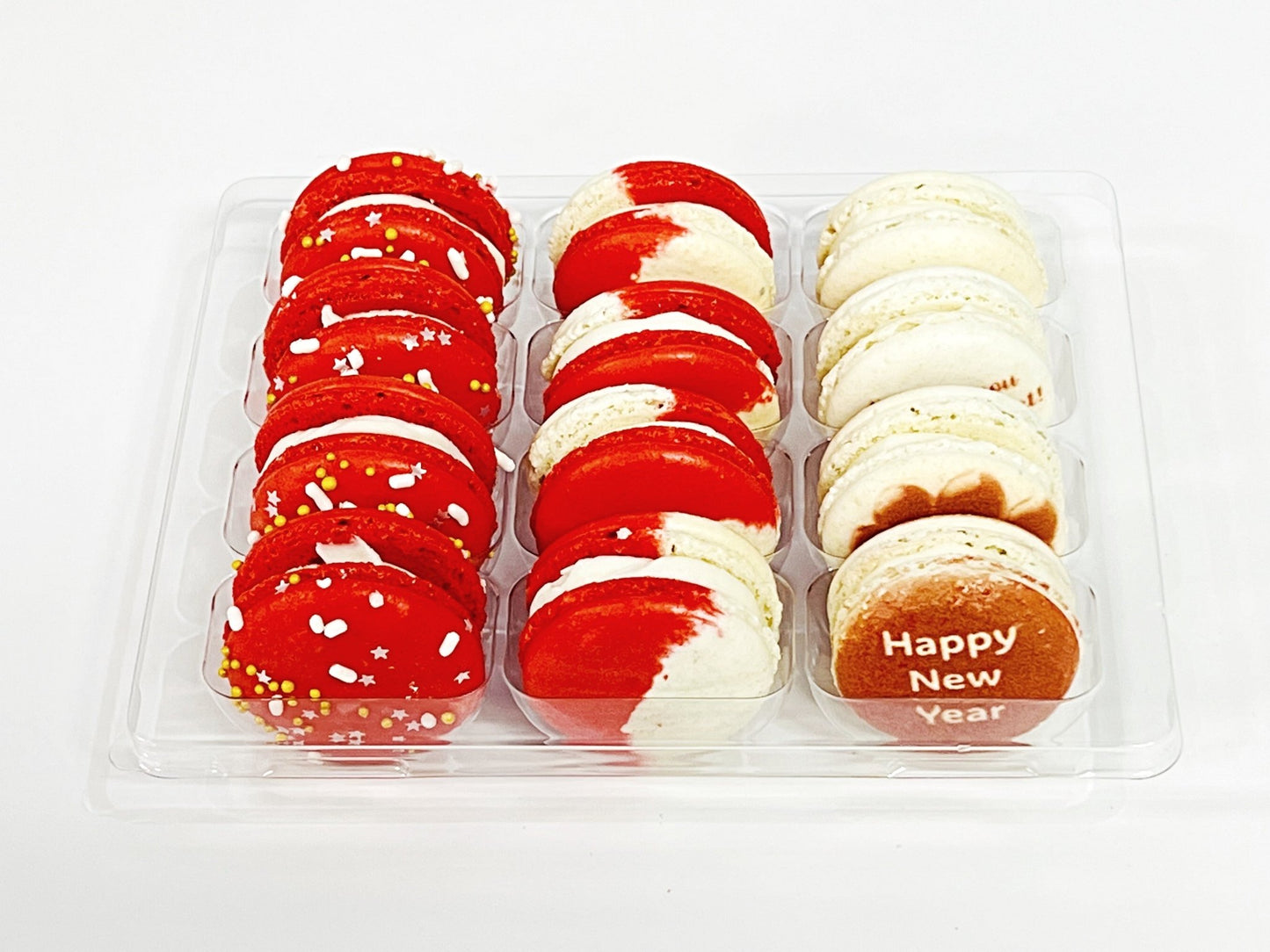 12 Pack Happy New Year Collection with Clear Gift Box | Red | Perfect for ringing in the New Year festivities - Macaron Centrale