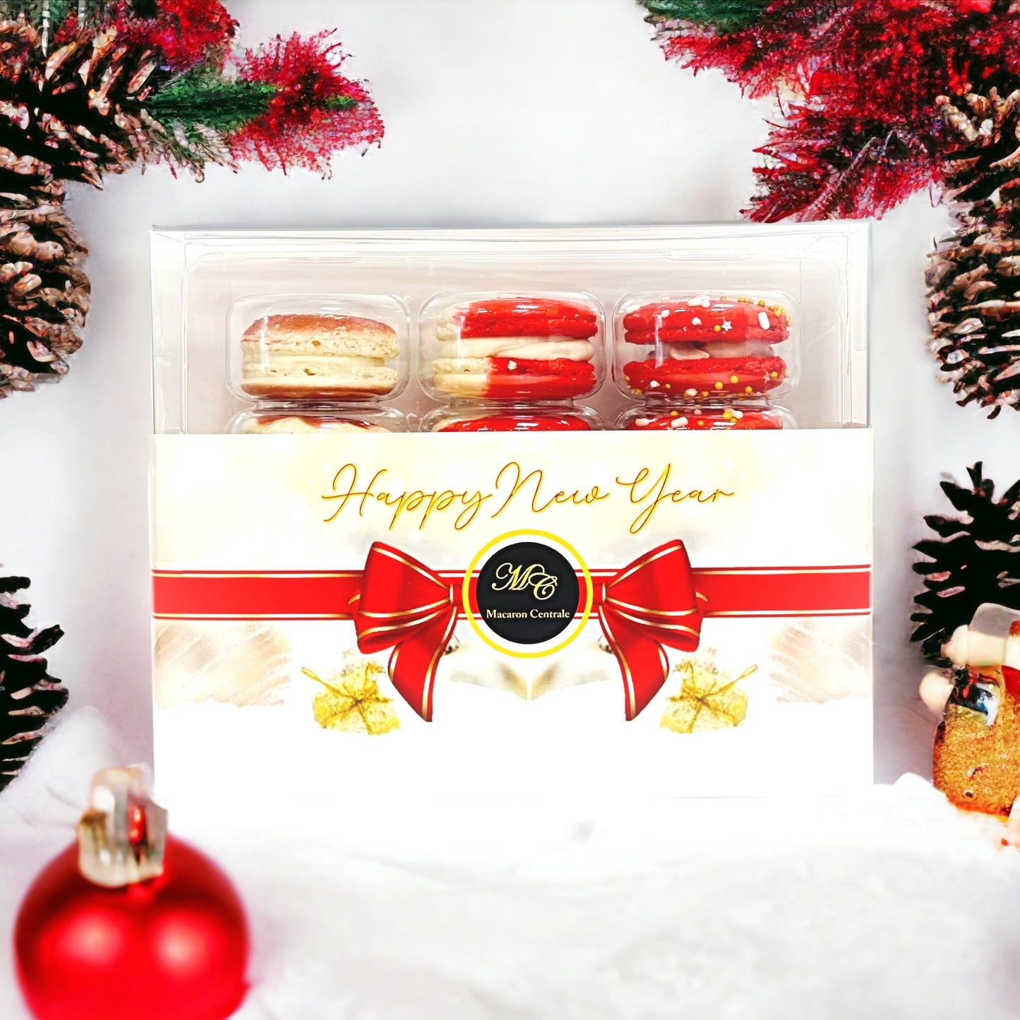 12 Pack Happy New Year Collection with Clear Gift Box | Red | Perfect for ringing in the New Year festivities - Macaron Centrale