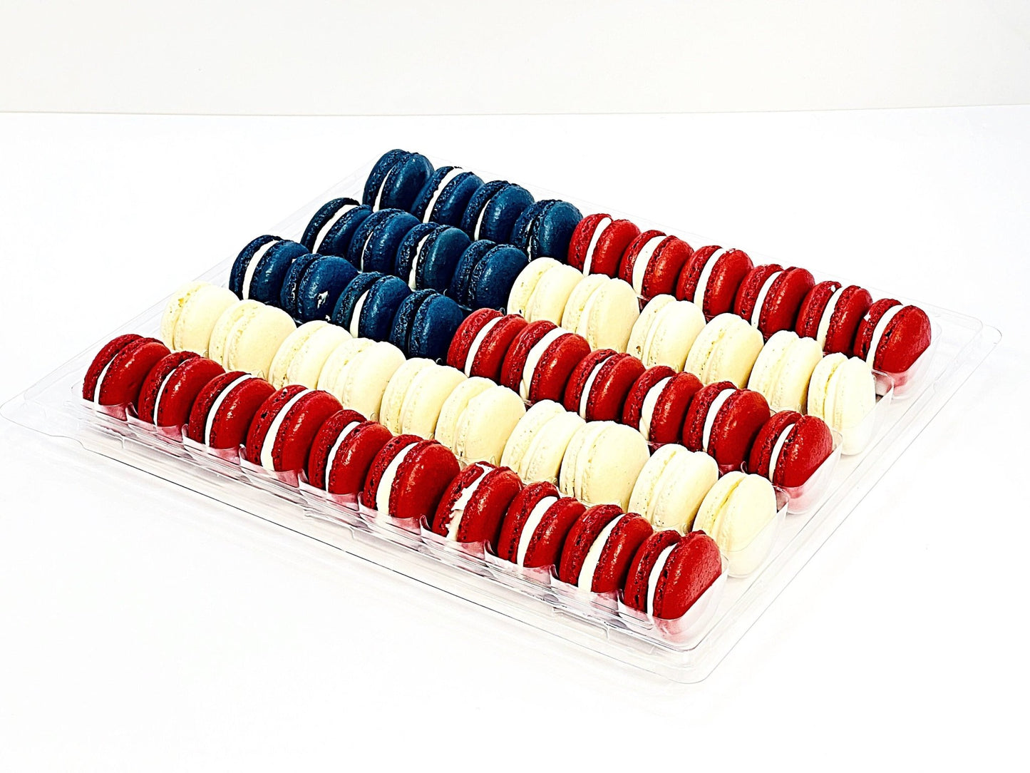 50 Pack Assorted French Macaron, The American Flag | Red, Navy Blue & White - Macaron Centrale