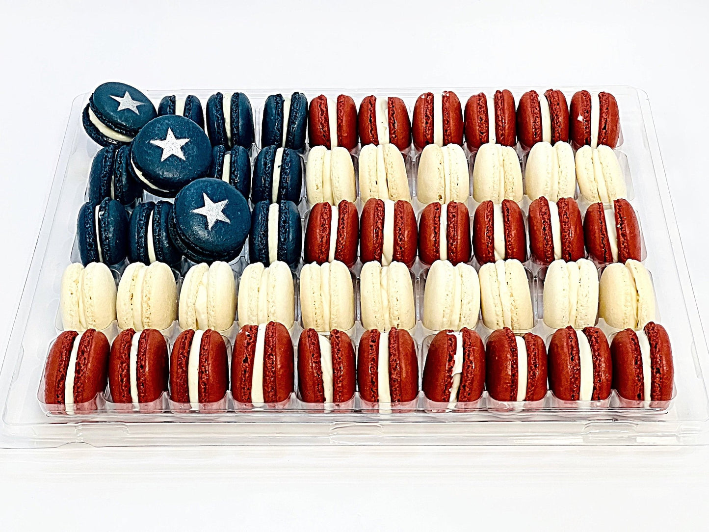 50 Pack Assorted French Macaron, The American Flag | Red, Navy Blue & White - Macaron Centrale
