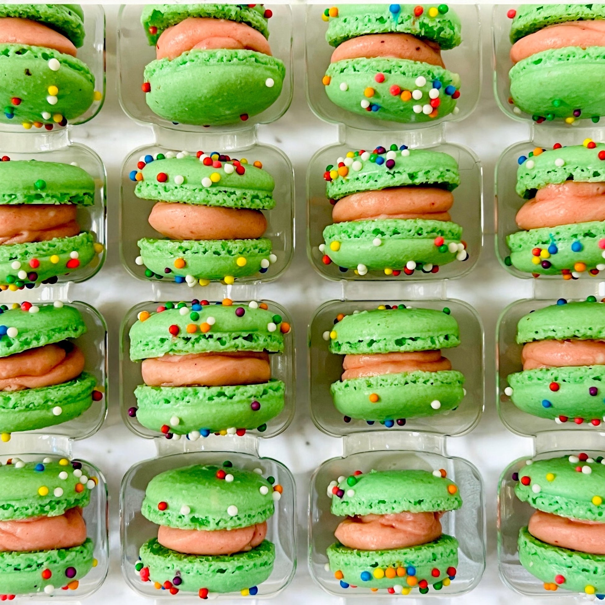 Green Rainbow Mini Macarons (Strawberry Flavor) - Perfect for Decorating Cupcakes, Cakes, Ice Cream, and More - Macaron Centrale16 Pack