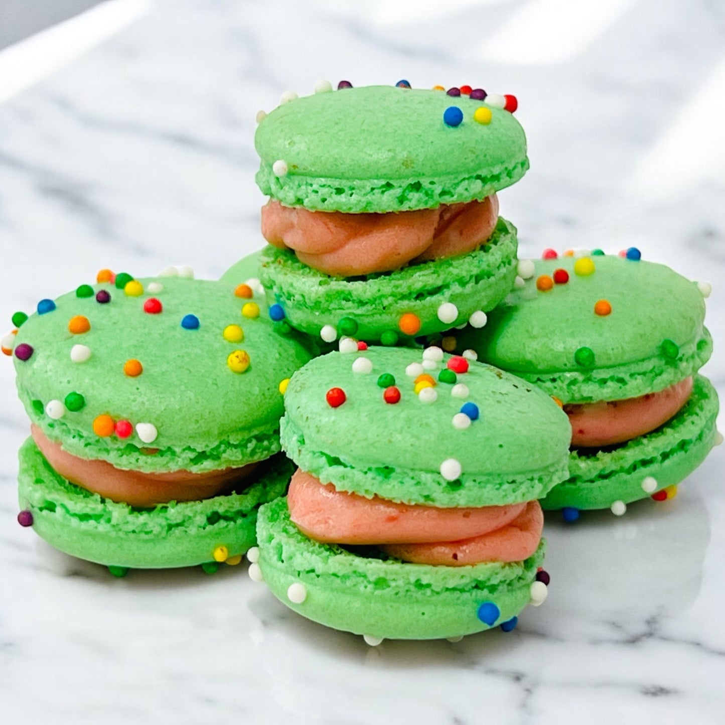 Green Rainbow Mini Macarons (Strawberry Flavor) - Perfect for Decorating Cupcakes, Cakes, Ice Cream, and More - Macaron Centrale16 Pack
