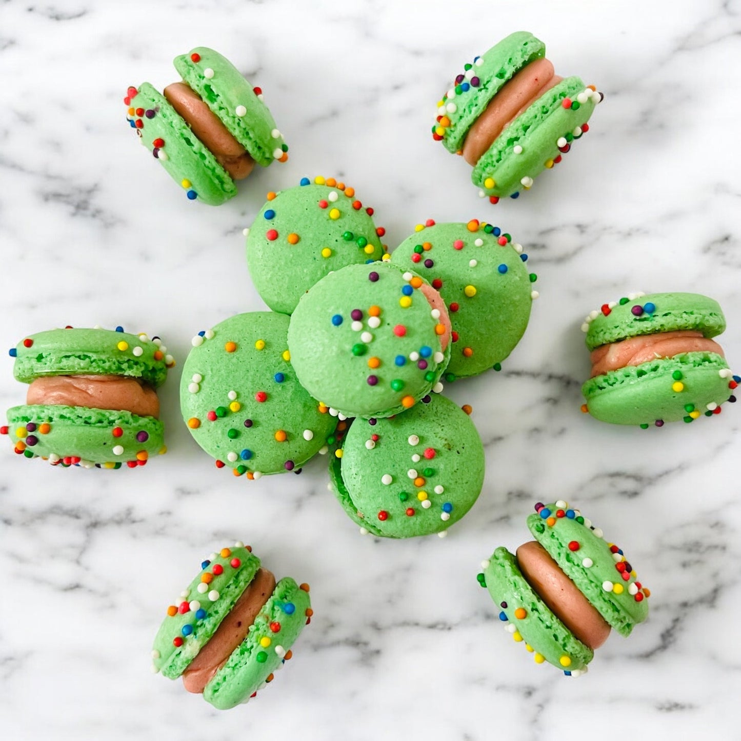Green Rainbow Mini Macarons (Strawberry Flavor) - Perfect for Decorating Cupcakes, Cakes, Ice Cream, and More - Macaron Centrale16 Pack