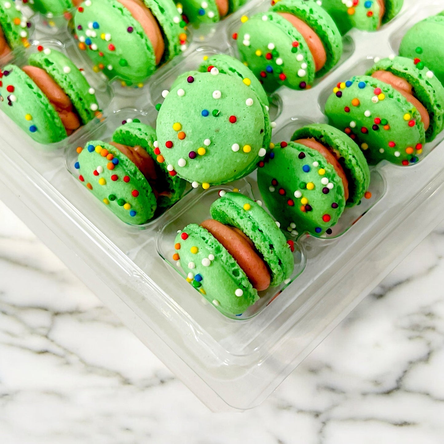 Green Rainbow Mini Macarons (Strawberry Flavor) - Perfect for Decorating Cupcakes, Cakes, Ice Cream, and More - Macaron Centrale16 Pack
