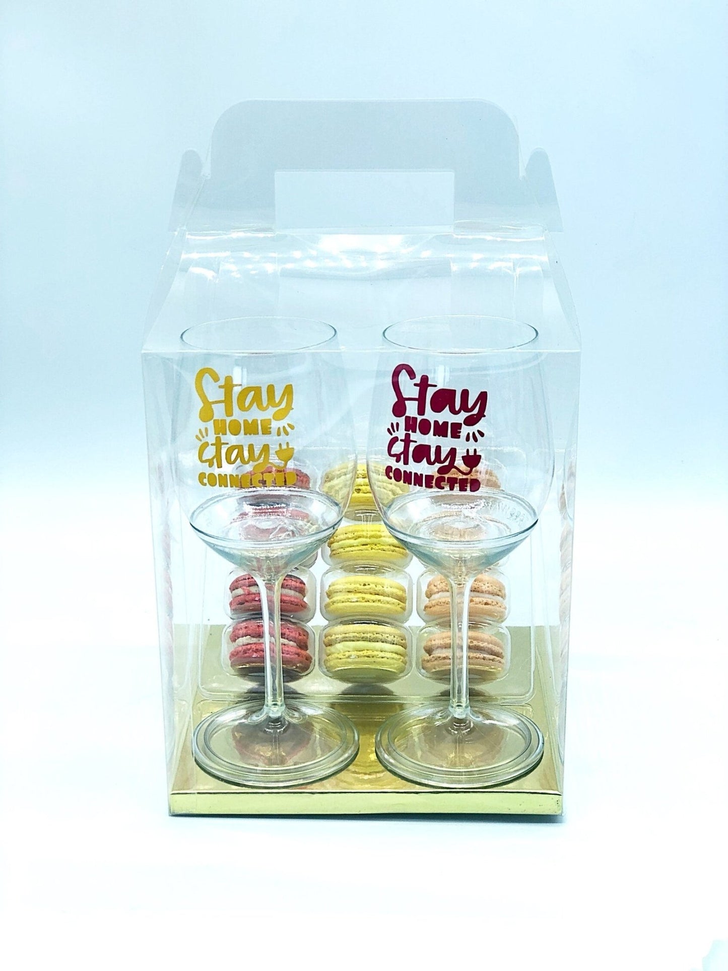 Macarons gift set for 2 with customizable stem wine glass | perfect for your next virtual party | stay home and connect - Macaron Centralegold