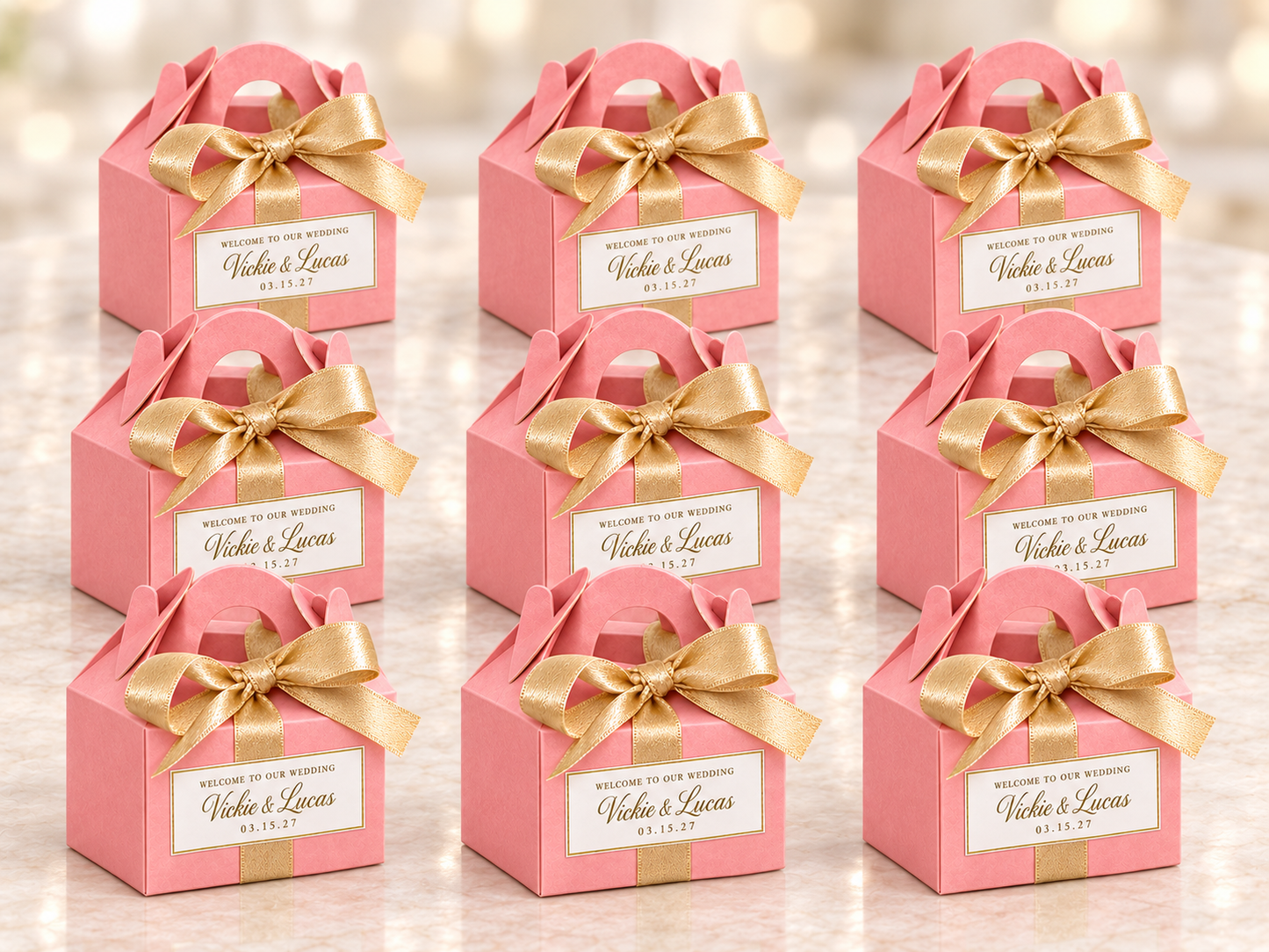 Personalized Pink and Gold Wedding Macaron Favor