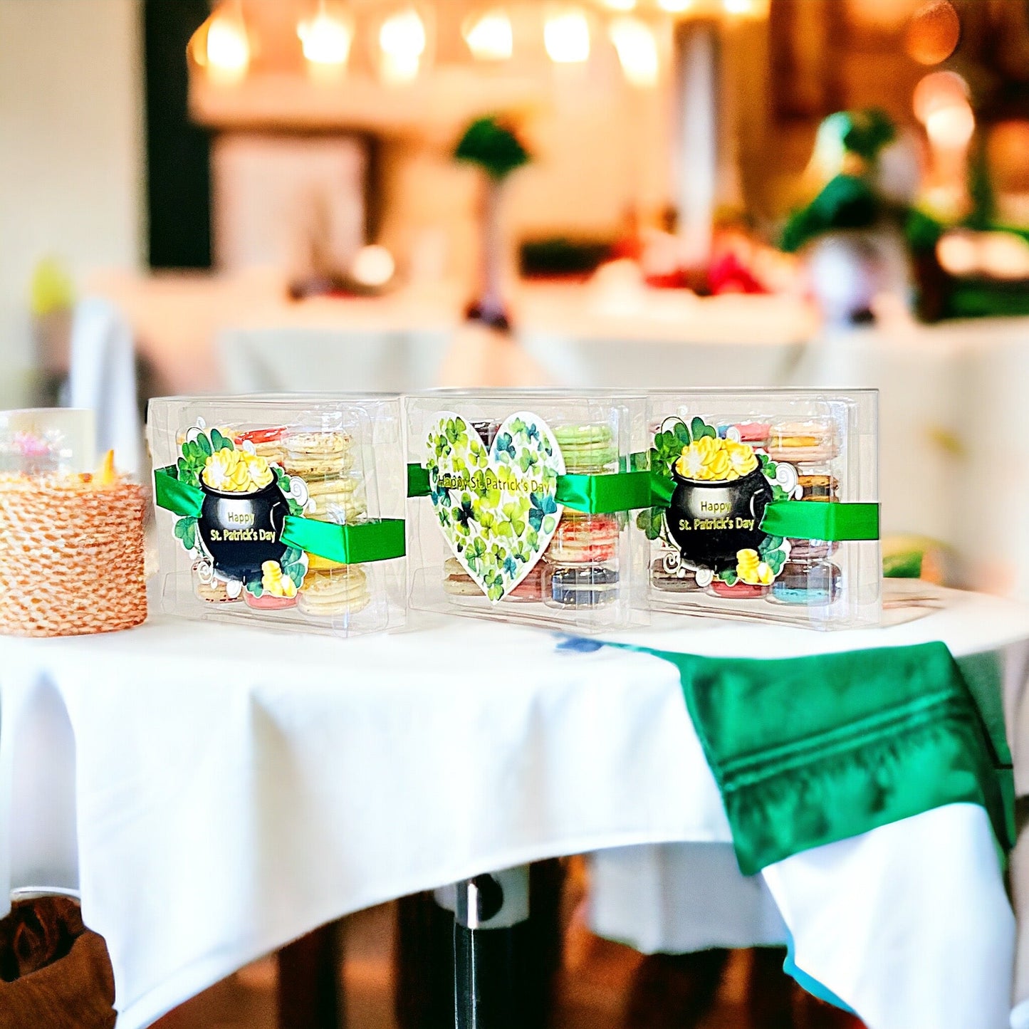 St. Patrick's Day Trio: Butter Rum Green & Gold Heart, Mojito Mint amnd Piña Colada | 12 Pack French Macarons - Macaron CentralePot of Gold