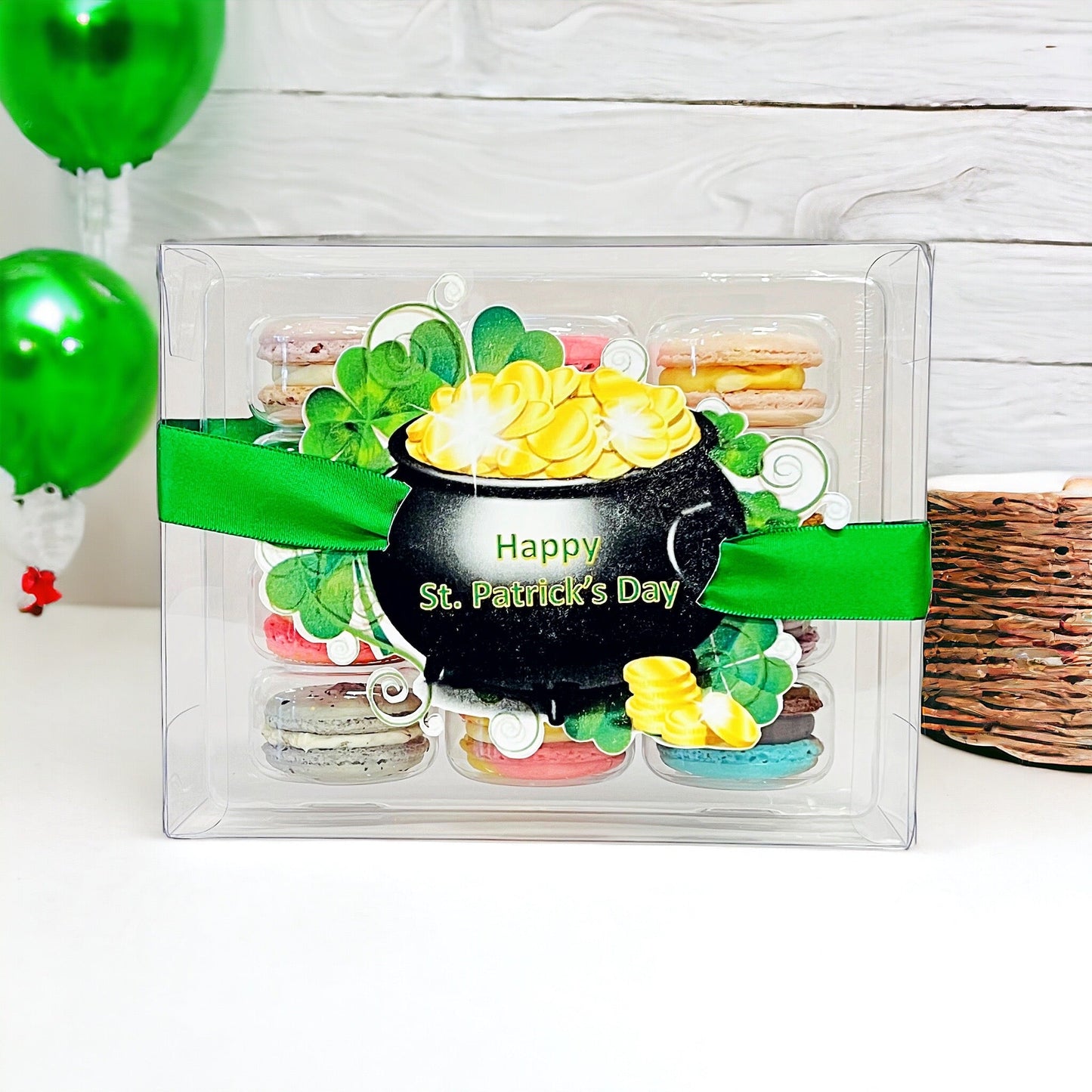 St. Patrick's Day Trio: Butter Rum Green & Gold Heart, Mojito Mint amnd Piña Colada | 12 Pack French Macarons - Macaron CentralePot of Gold