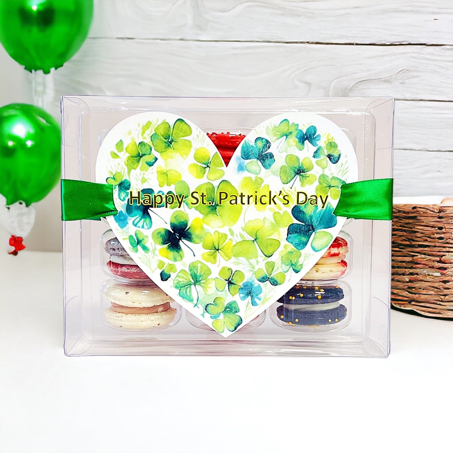 St. Patrick's Day Trio: Butter Rum Green & Gold Heart, Mojito Mint amnd Piña Colada | 12 Pack French Macarons - Macaron CentralePot of Gold