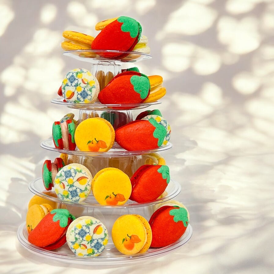 The Ultimate Firecracker Dessert Tower – Sweet & Spicy! - Macaron Tower Included - Macaron CentraleSpricy Lemon | Peach Habanero | Strawberry Rhubarb Chili3 Tiers