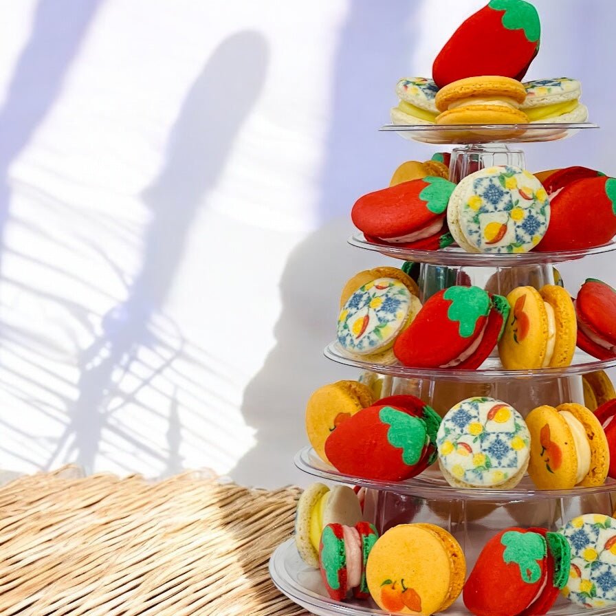 The Ultimate Firecracker Dessert Tower – Sweet & Spicy! - Macaron Tower Included - Macaron CentraleSpricy Lemon | Peach Habanero | Strawberry Rhubarb Chili3 Tiers