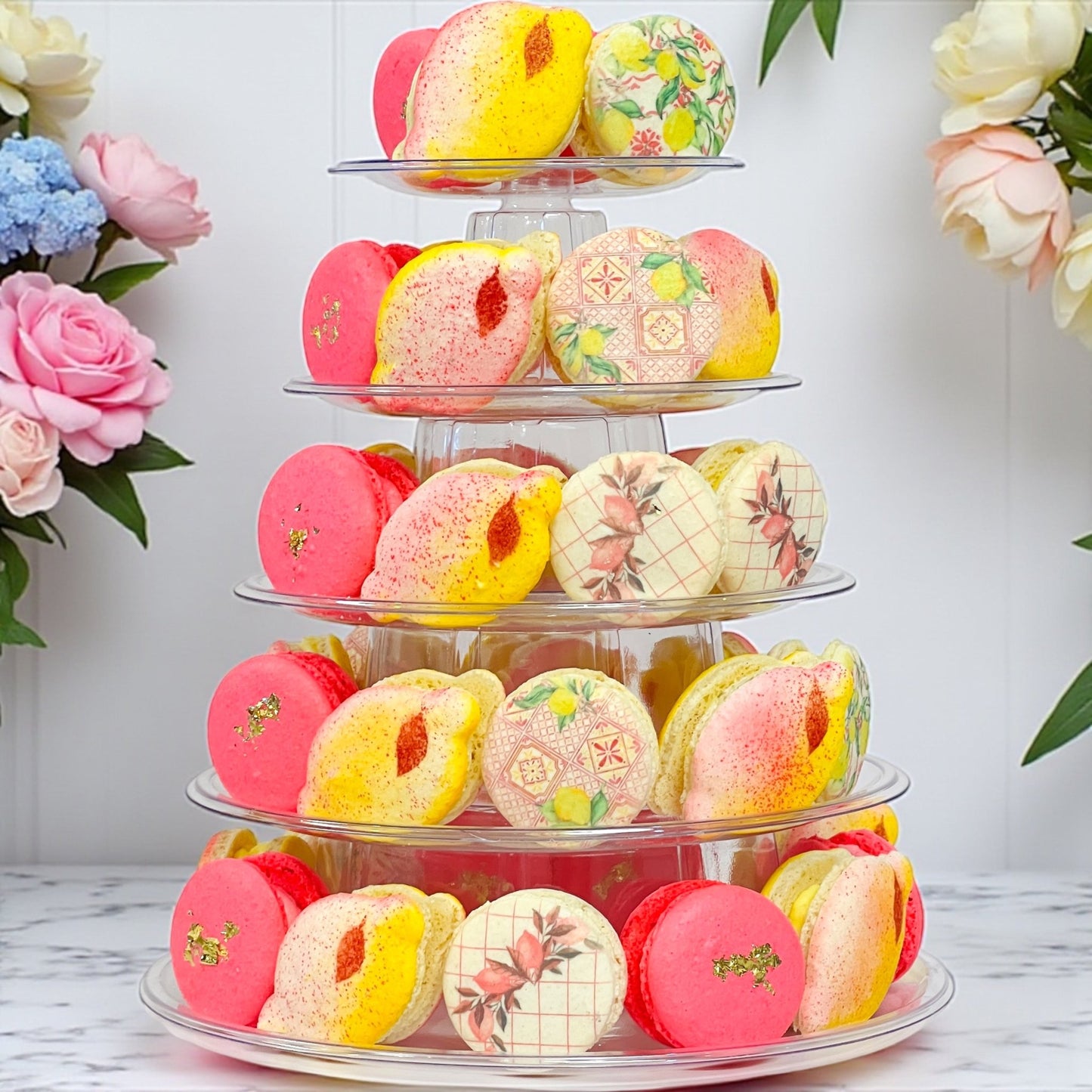 The Ultimate Lemon Blossom Macaron Tower - Macaron Tower Included - Macaron CentraleDefault Flavors | Lemon - Lemon Cream Cheese - Raspberry Champagne3 Tiers