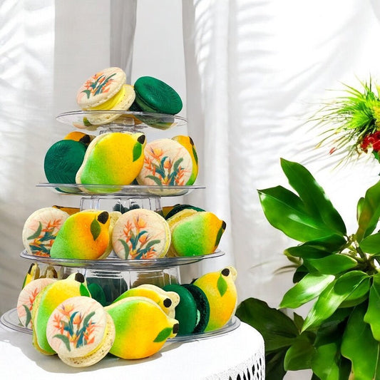 The Ultimate Mango Dessert Tower – Sweet & Stylish! - Macaron Tower Included - Macaron CentraleMango Cream Cheese | Coconut Passion Fruit | Tamarind Pineapple3 Tiers