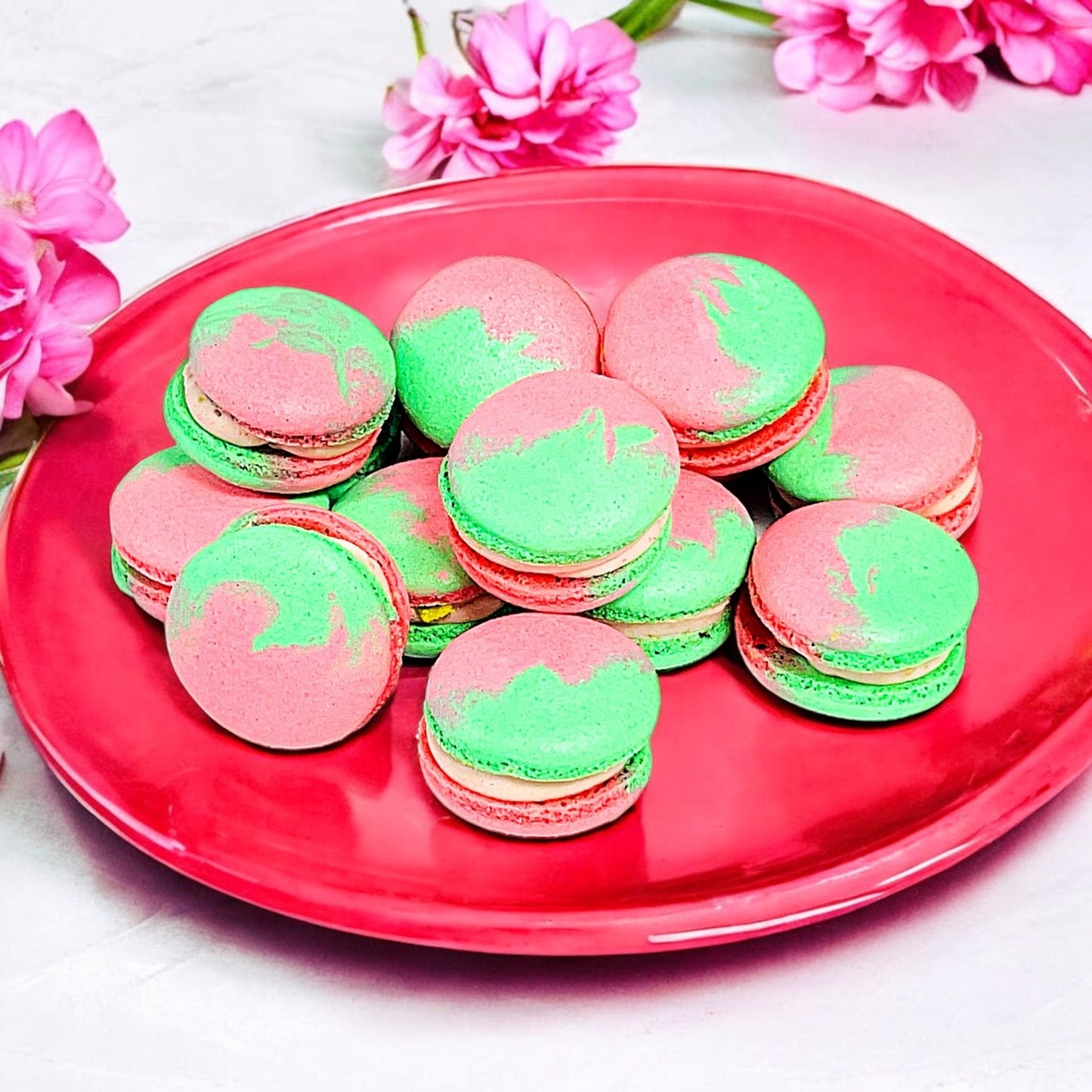 Wholesale Pomegranate Pistachio Vegan Macarons | Available in 24 & 48 Pack - Macaron Centrale24 Pack