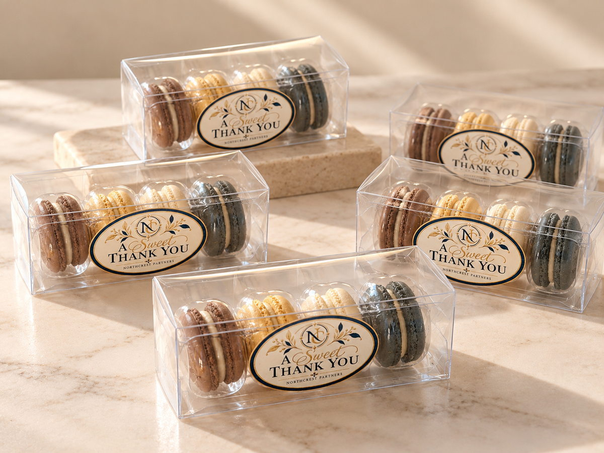 Personalized Corporate Macaron Favors 4 Pack | Custom Logo Business Gifts | Employee Appreciation & Client Thank You Gifts