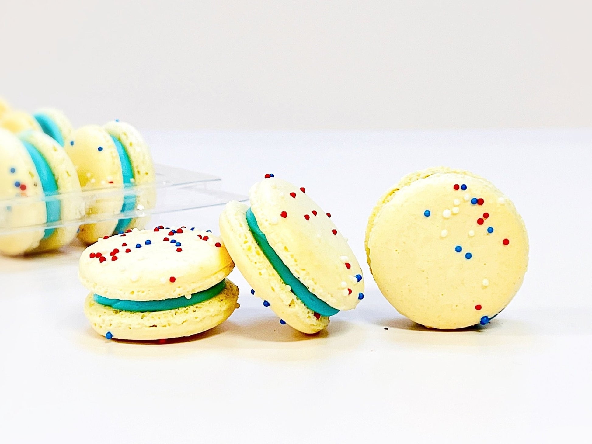 50 Pack Blue, Red, White Sprinkle Macarons French Macaron Value Pack - Macaron Centrale