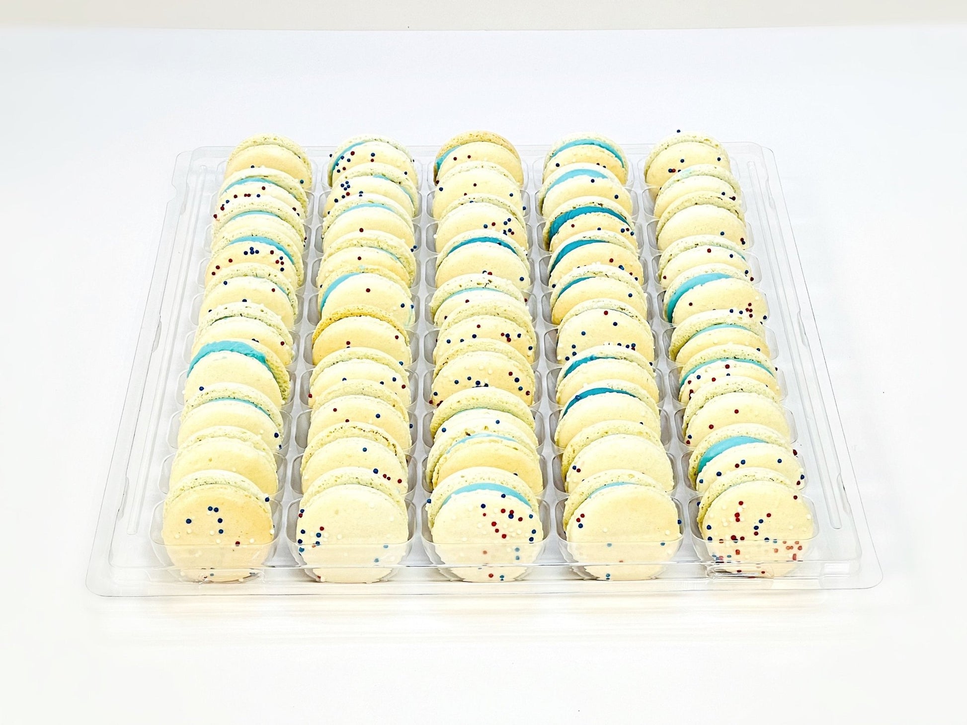 50 Pack Blue, Red, White Sprinkle Macarons French Macaron Value Pack - Macaron Centrale