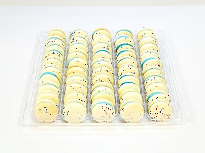 50 Pack Blue, Red, White Sprinkle Macarons French Macaron Value Pack - Macaron Centrale