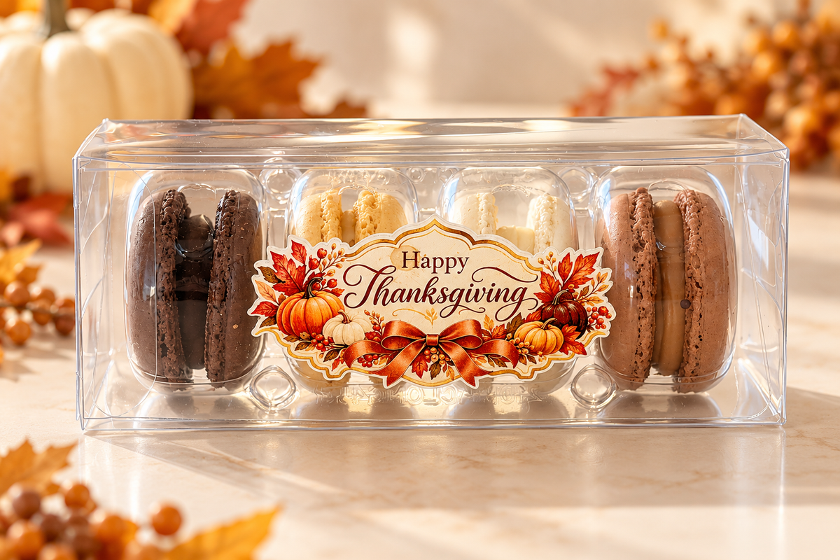 Thanksgiving Macaron Gift Box | 4 French Macarons | Fall Party Favors | Friendsgiving Gifts | Autumn Dessert Favors | Thanksgiving Treats