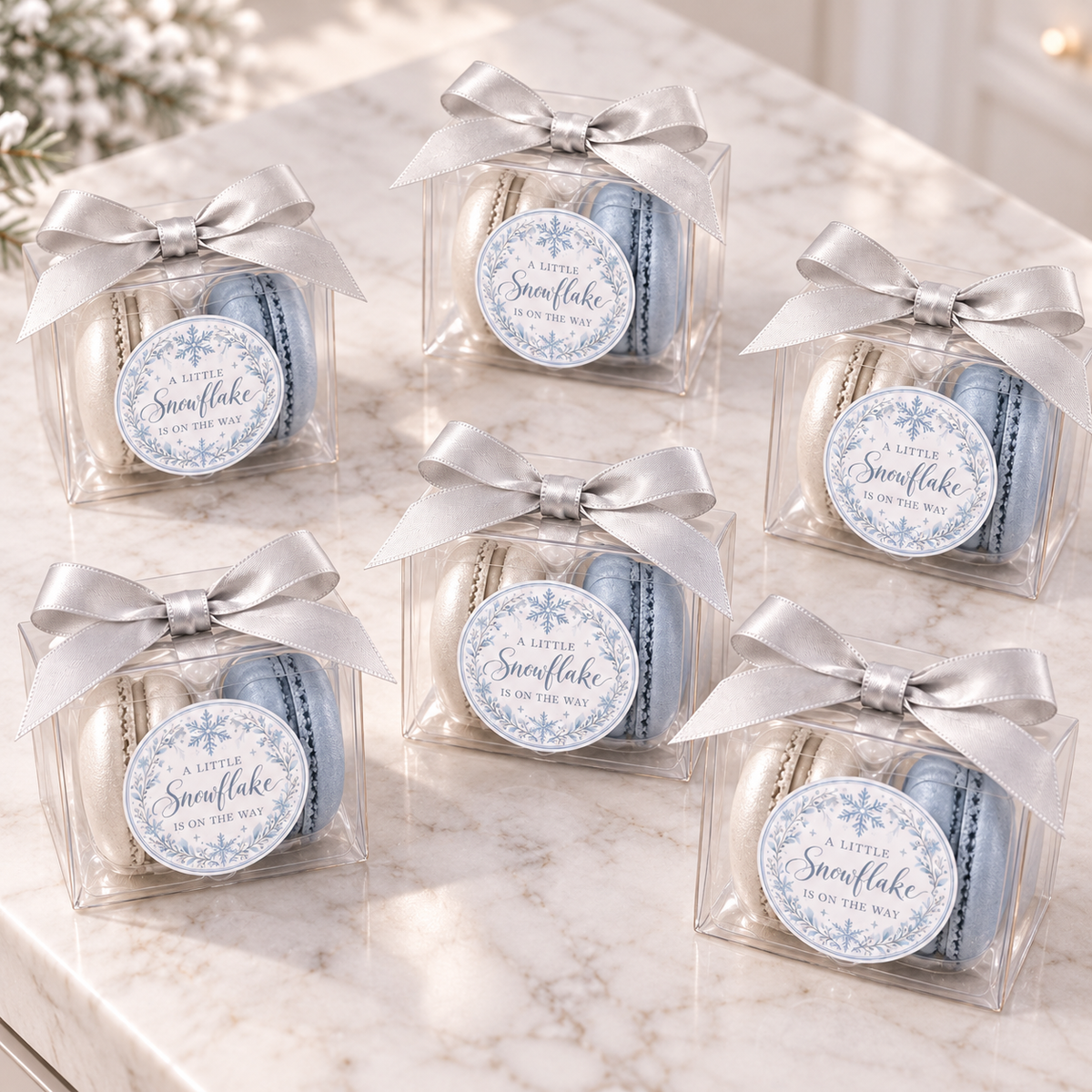 A Little Snowflake Is on the Way Macaron Favors | Winter Baby Shower Favors | Personalized 2 Macaron Gift Box | Snowflake Baby Shower
