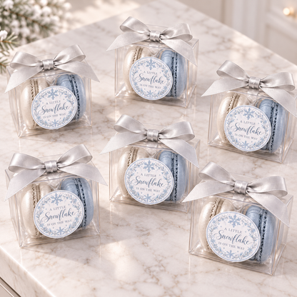 A Little Snowflake Is on the Way Macaron Favors | Winter Baby Shower Favors | Personalized 2 Macaron Gift Box | Snowflake Baby Shower