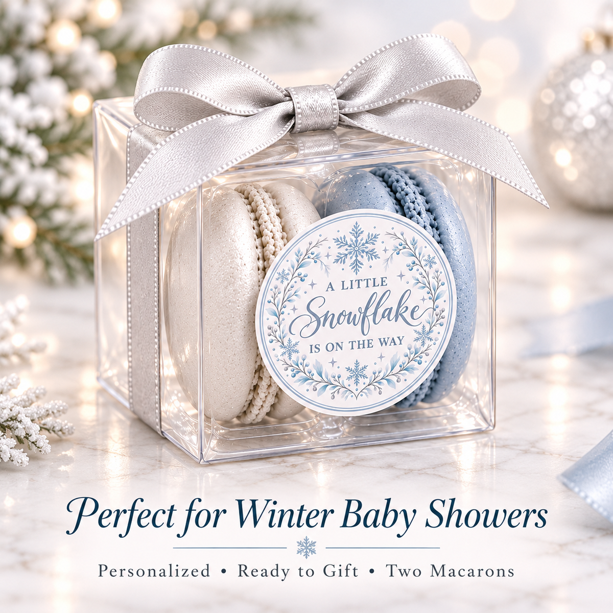 A Little Snowflake Is on the Way Macaron Favors | Winter Baby Shower Favors | Personalized 2 Macaron Gift Box | Snowflake Baby Shower