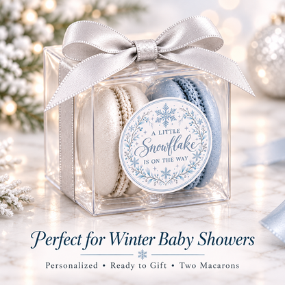 A Little Snowflake Is on the Way Macaron Favors | Winter Baby Shower Favors | Personalized 2 Macaron Gift Box | Snowflake Baby Shower