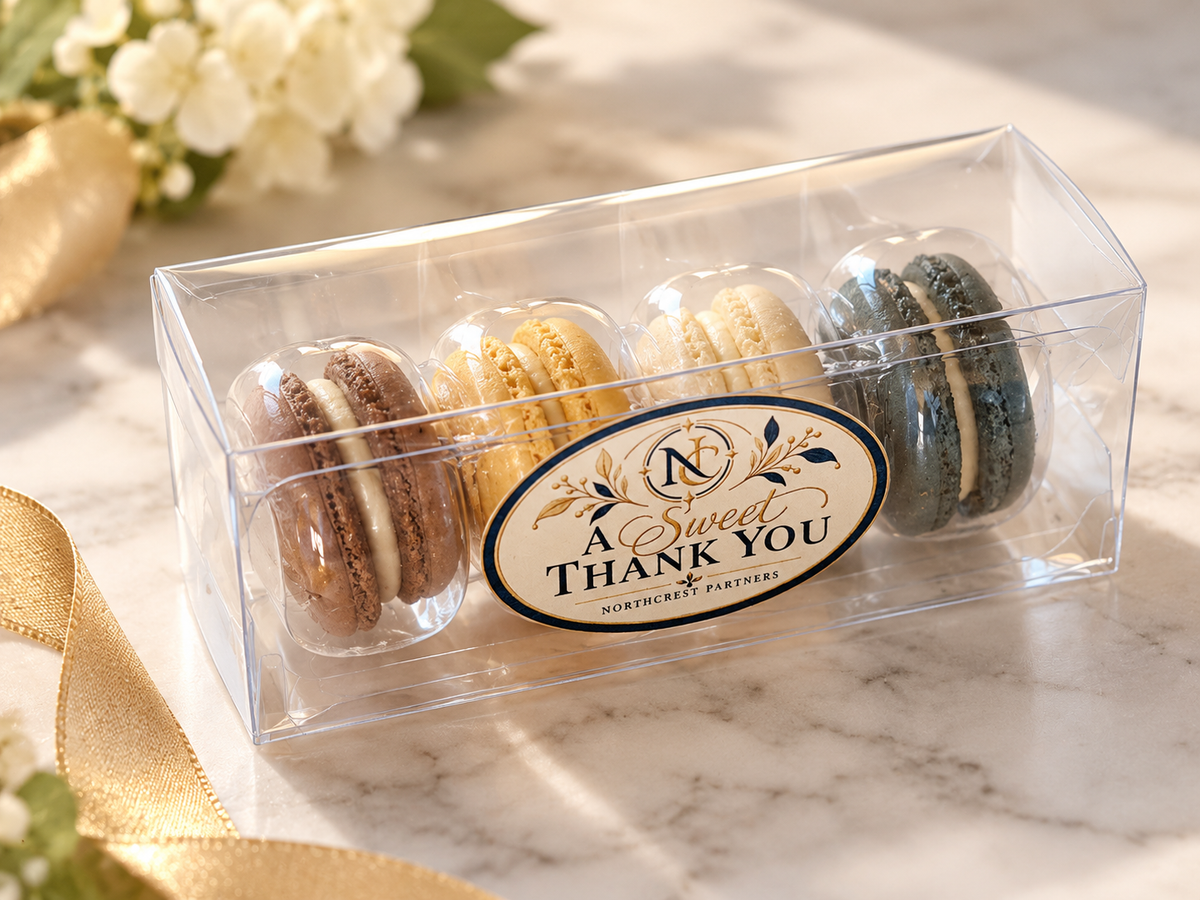 Personalized Corporate Macaron Favors 4 Pack | Custom Logo Business Gifts | Employee Appreciation & Client Thank You Gifts