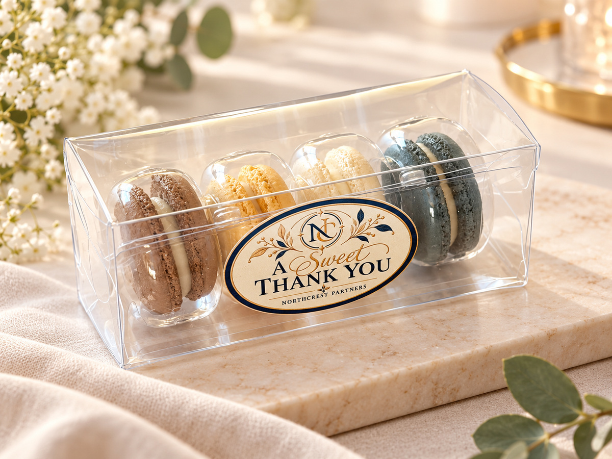 Personalized Corporate Macaron Favors 4 Pack | Custom Logo Business Gifts | Employee Appreciation & Client Thank You Gifts