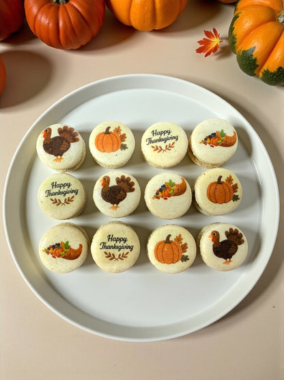 🧡 Thanksgiving Dessert Box | Pumpkin, Turkey & Cornucopia Printed French Macarons