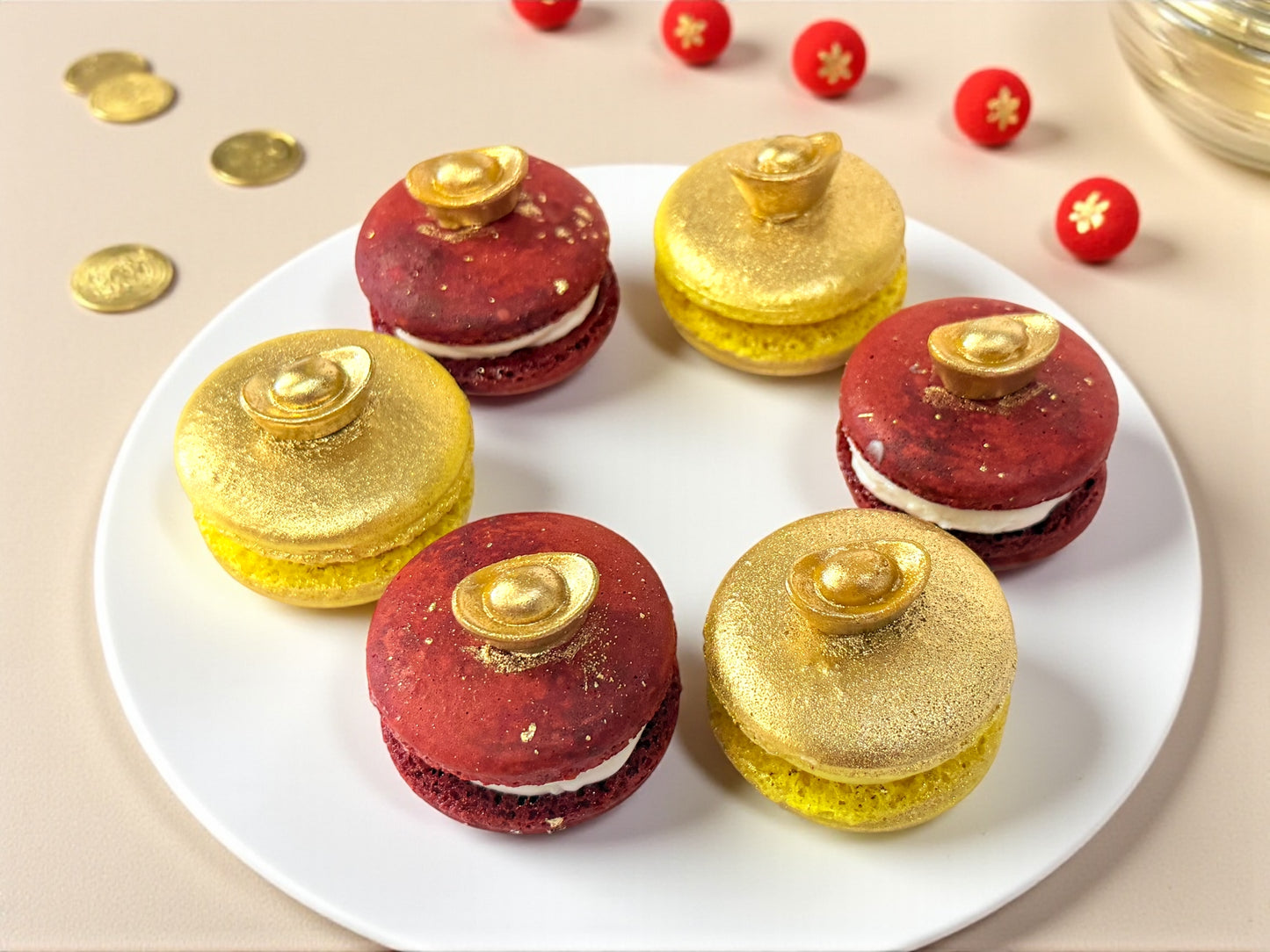 Harmony of Luck Macarons | Red & Gold Ingot Dessert Box for All Celebrations