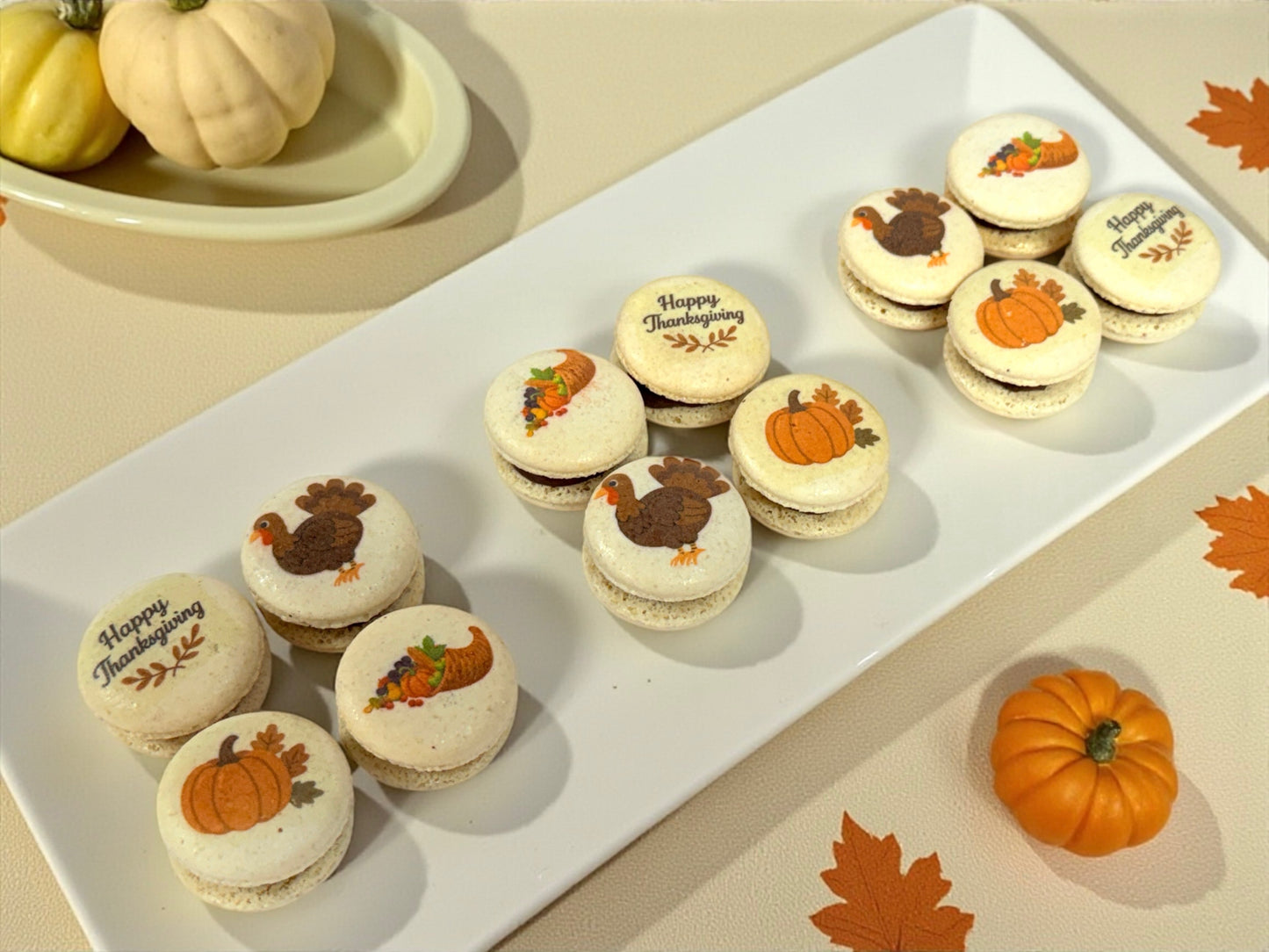🧡 Thanksgiving Dessert Box | Pumpkin, Turkey & Cornucopia Printed French Macarons
