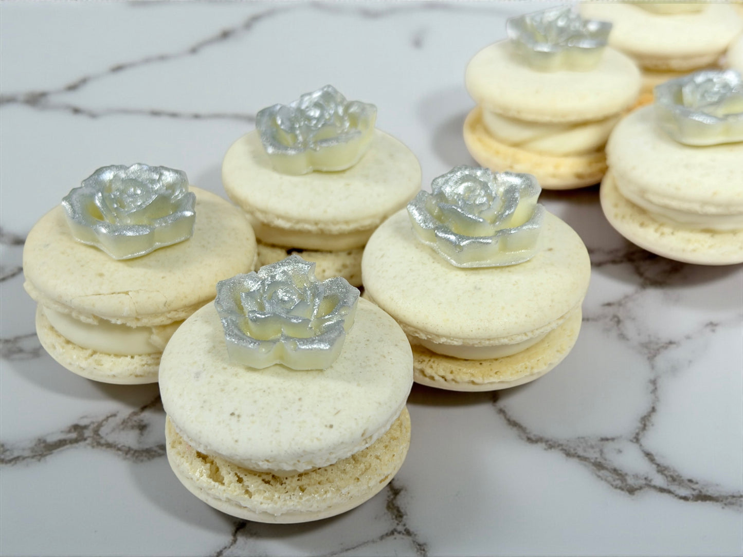 Silver Bloom Macarons | Hand-Crafted Rose Charm Set