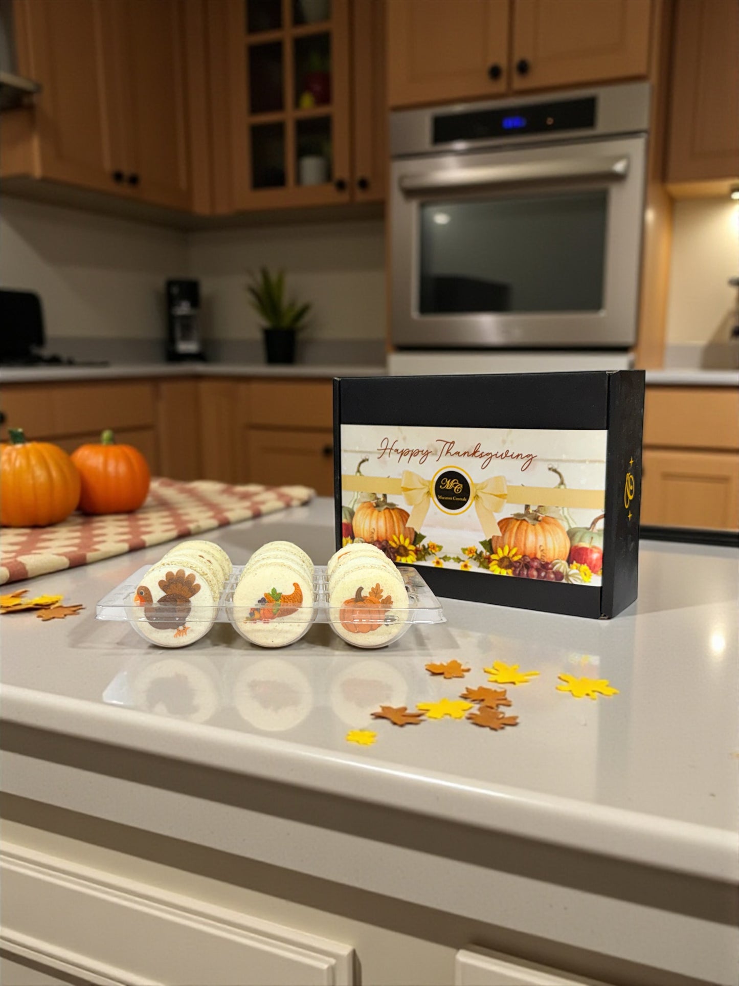 🧡 Thanksgiving Dessert Box | Pumpkin, Turkey & Cornucopia Printed French Macarons