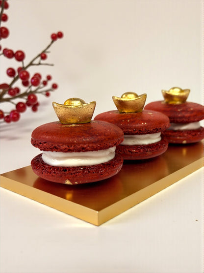 Red Prosperity Gold Ingot Macarons | French Macarons for Luck, Love & Celebration