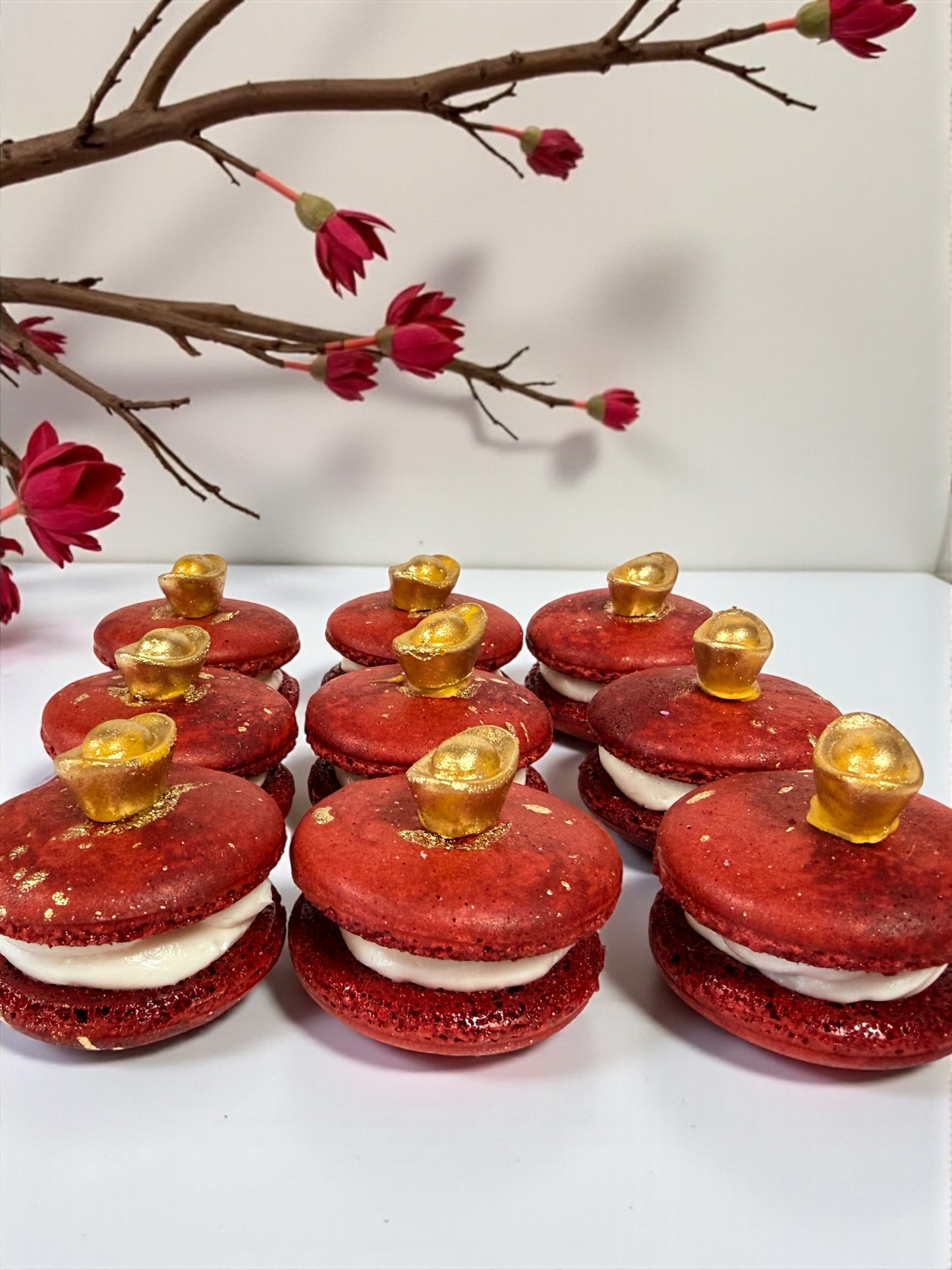 Red Prosperity Gold Ingot Macarons | French Macarons for Luck, Love & Celebration