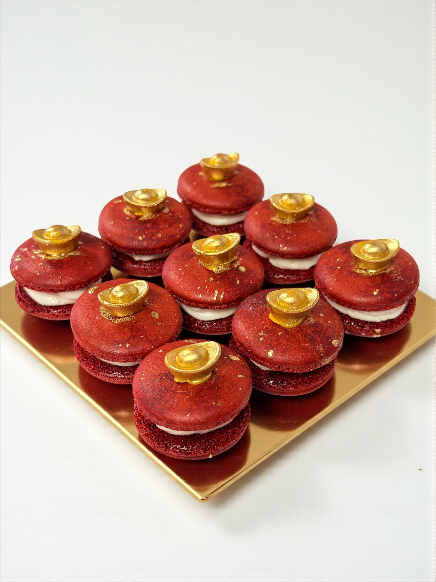 Red Prosperity Gold Ingot Macarons | French Macarons for Luck, Love & Celebration