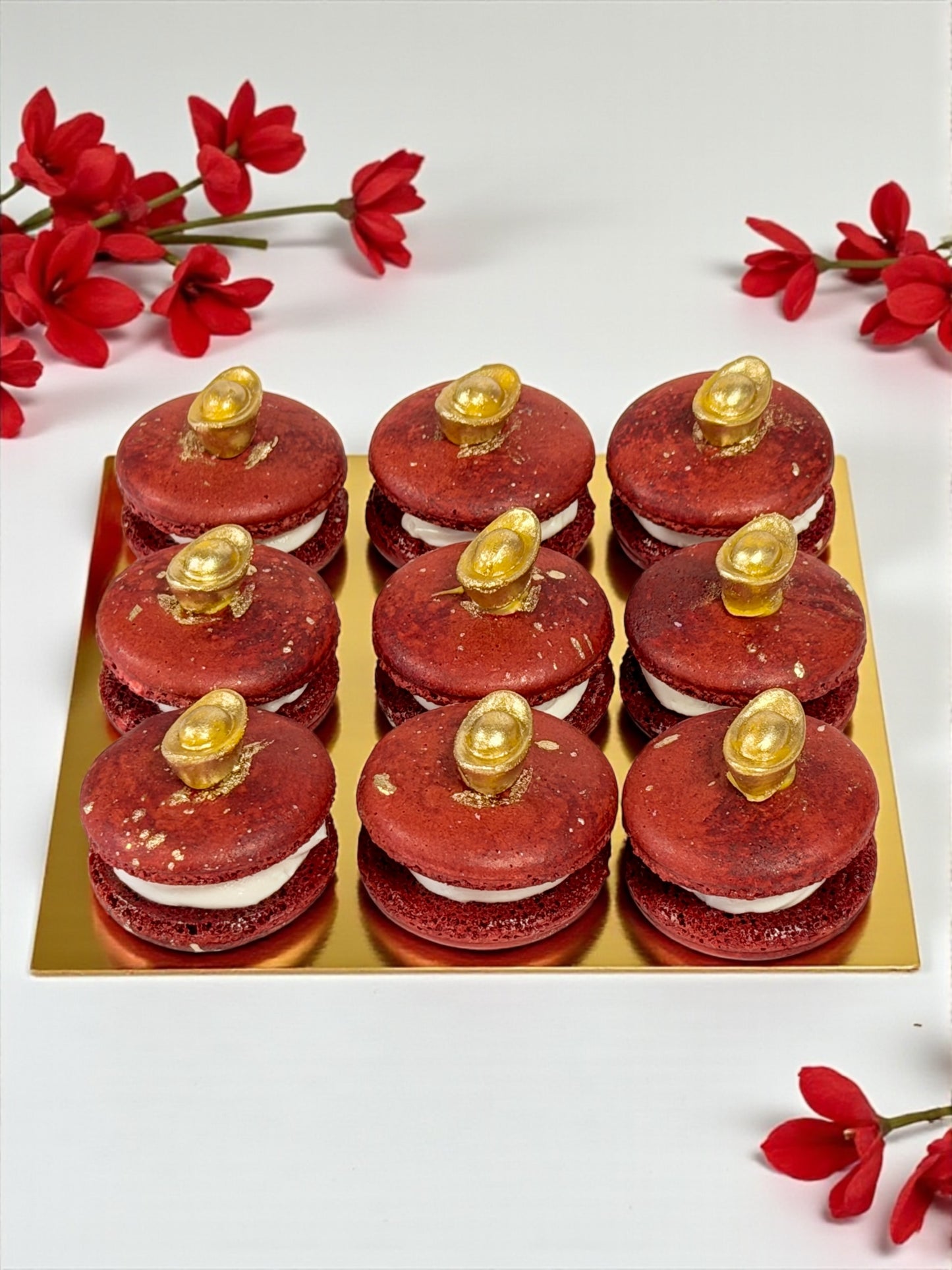 Red Prosperity Gold Ingot Macarons | French Macarons for Luck, Love & Celebration