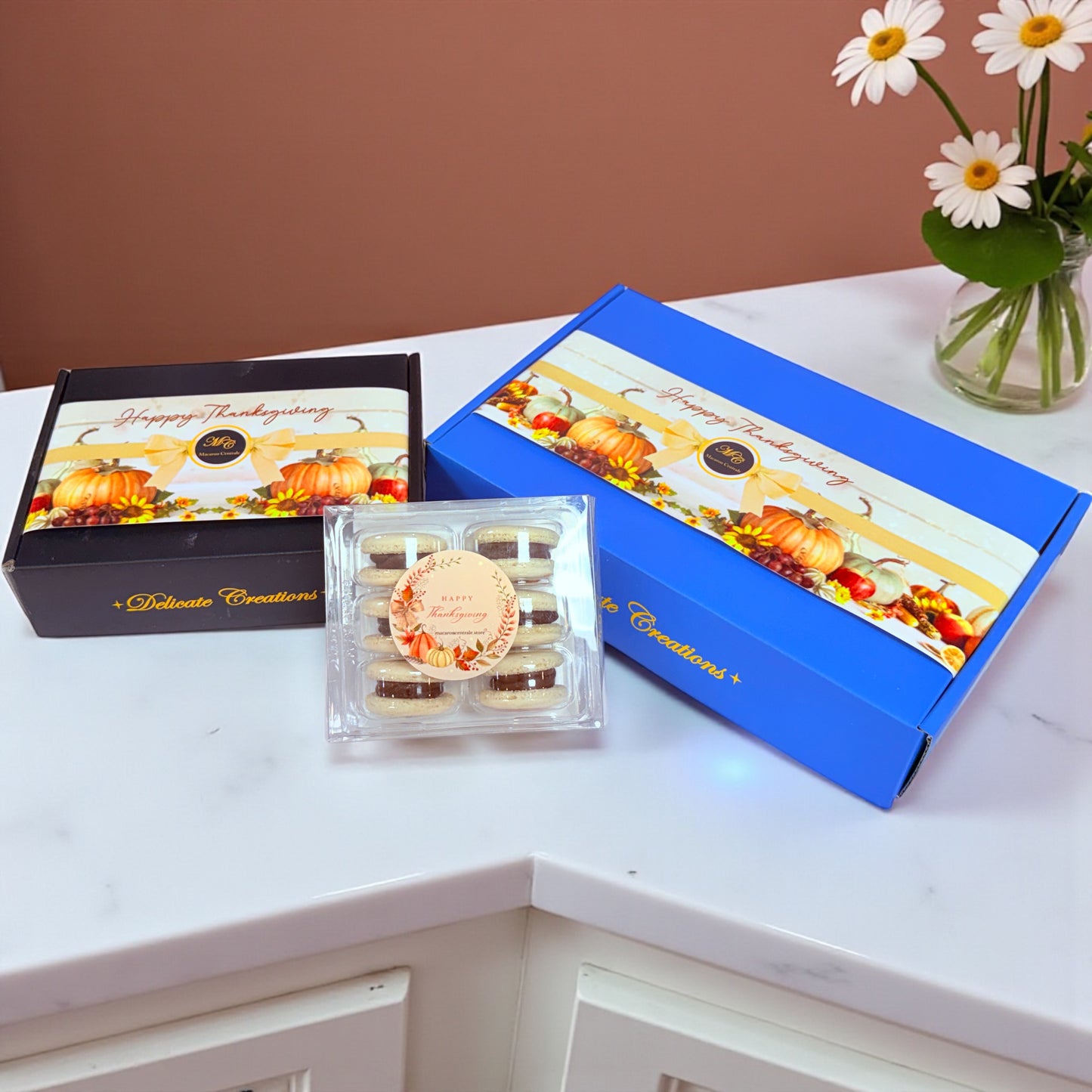 🧡 Thanksgiving Dessert Box | Pumpkin, Turkey & Cornucopia Printed French Macarons