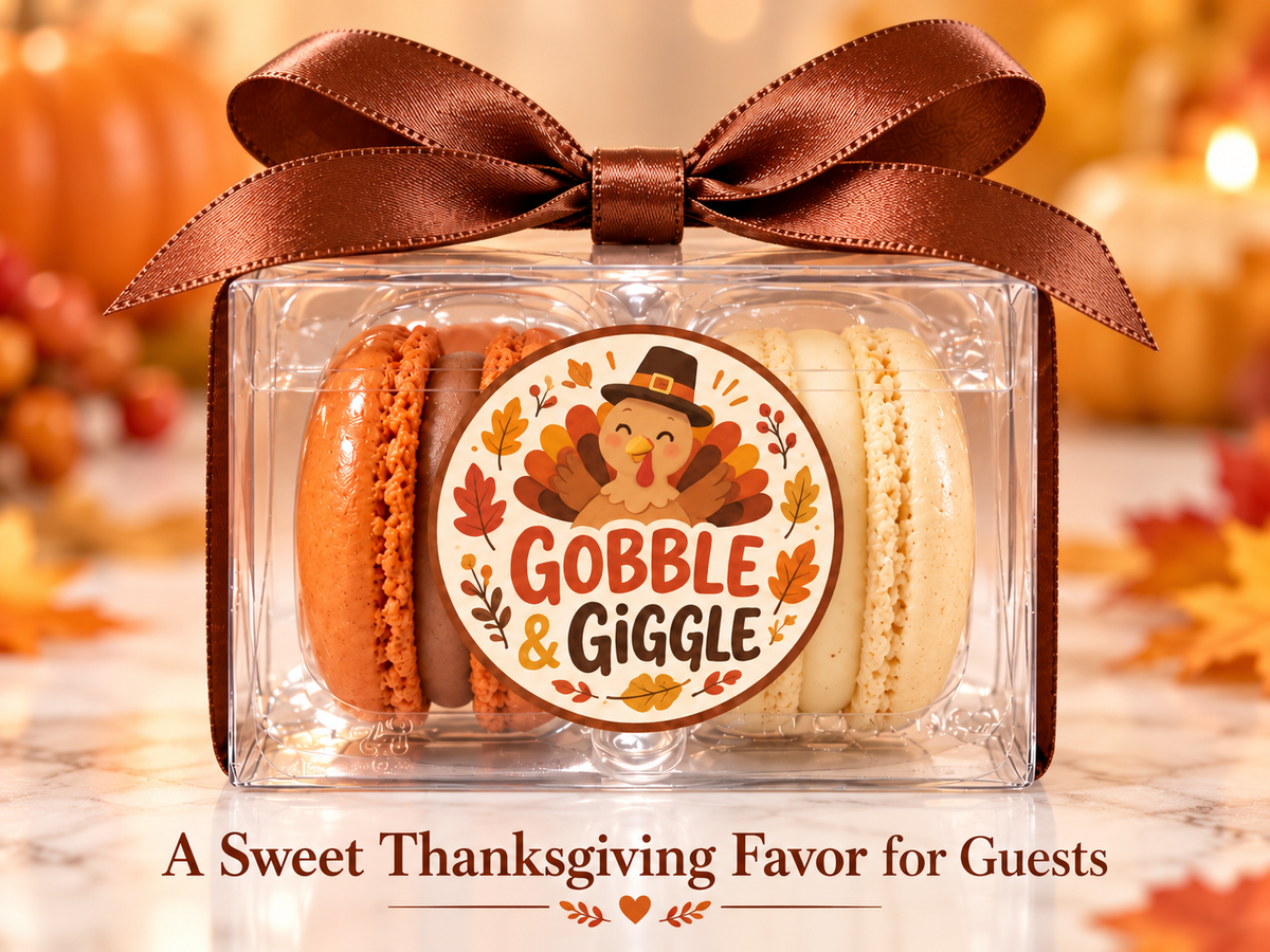 Gobble & Giggle Thanksgiving Macaron Favors | Personalized 2-Pack Turkey Party Gifts