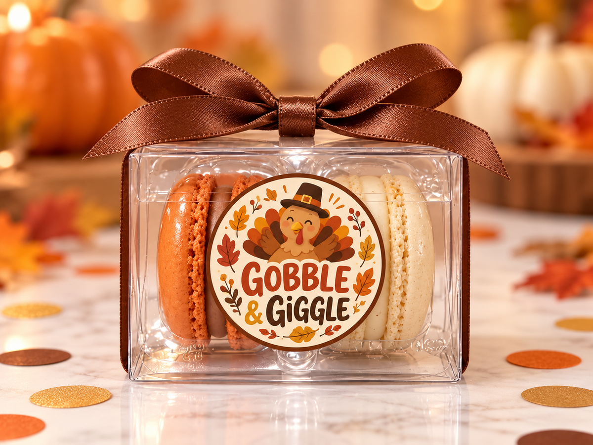 Gobble & Giggle Thanksgiving Macaron Favors | Personalized 2-Pack Turkey Party Gifts