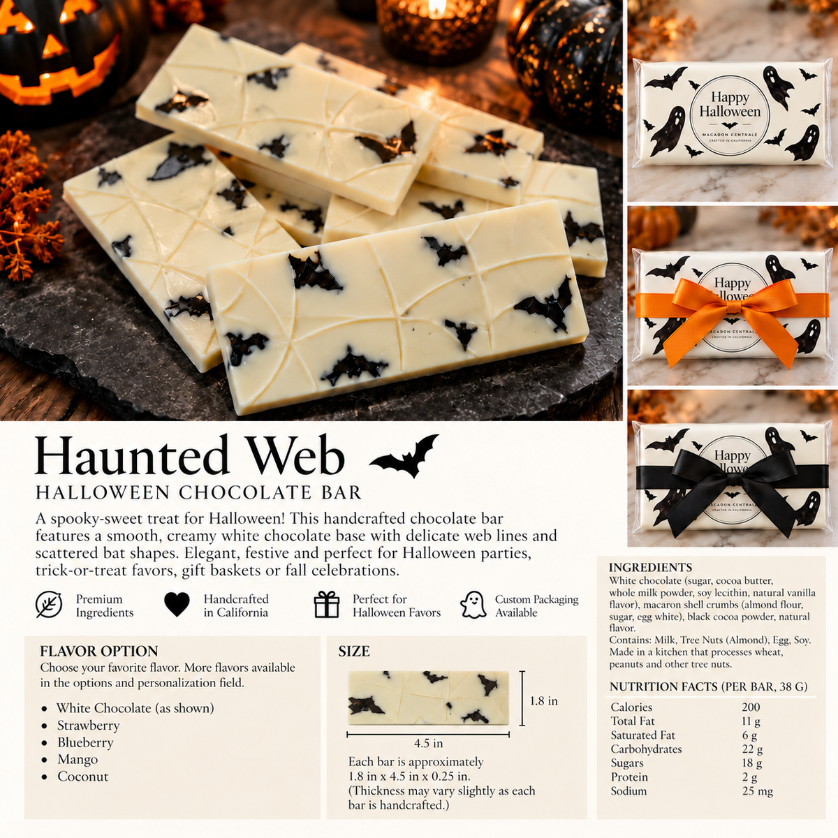 Happy Halloween Chocolate Bar, Ghost Bat Party Favor, Halloween Candy Gift, Optional Orange or Black Ribbon