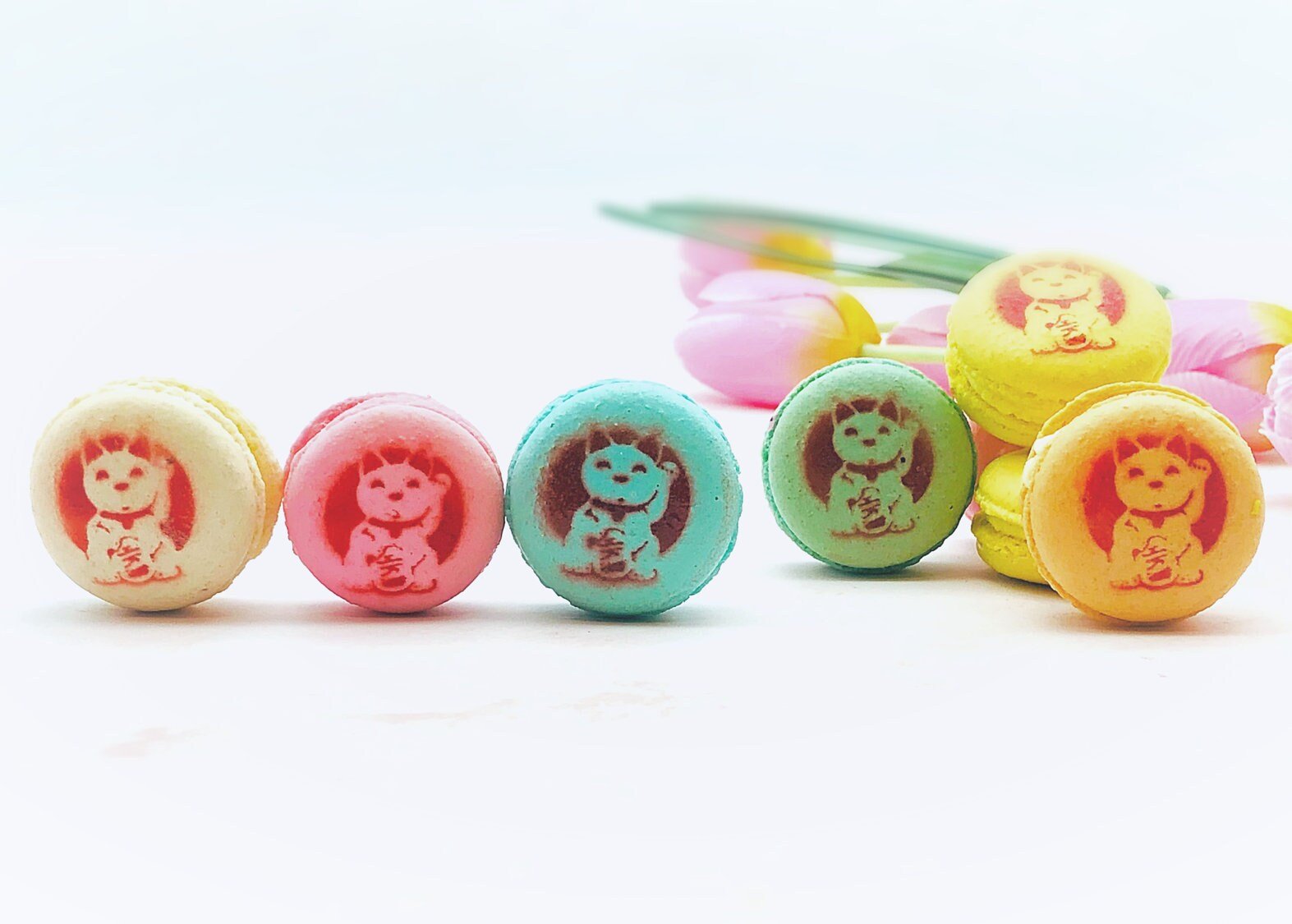 Assorted Fruit Flavor Macarons Decorated With the Lucky Cat Icon - Macaron Centrale6 Pack