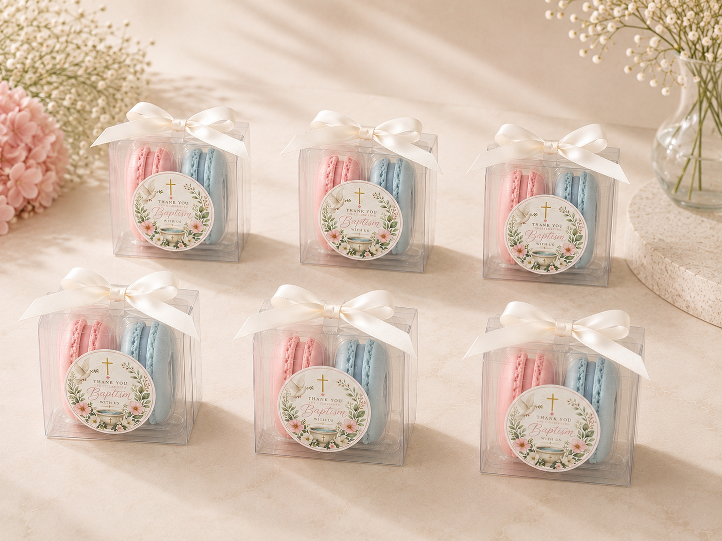 Grace & Dove Baptism Macaron Favor | 2 Pack French Macarons | Christening Favors