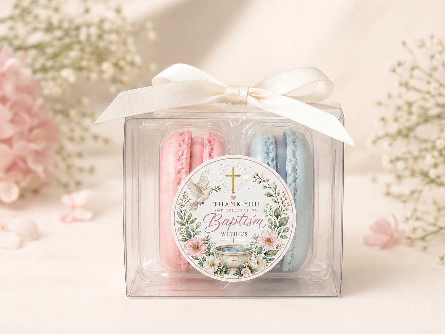 Grace & Dove Baptism Macaron Favor | 2 Pack French Macarons | Christening Favors