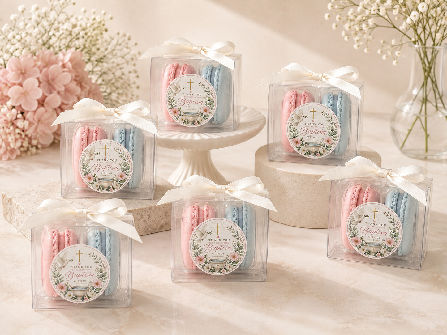 Grace & Dove Baptism Macaron Favor | 2 Pack French Macarons | Christening Favors