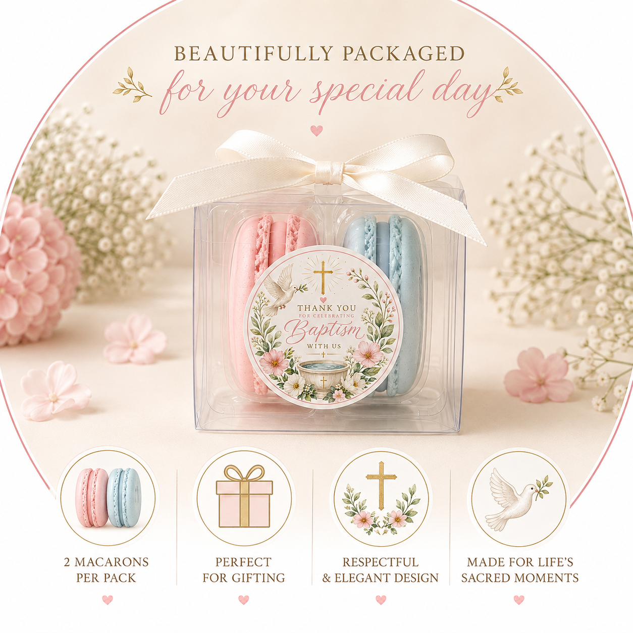 Grace & Dove Baptism Macaron Favor | 2 Pack French Macarons | Christening Favors