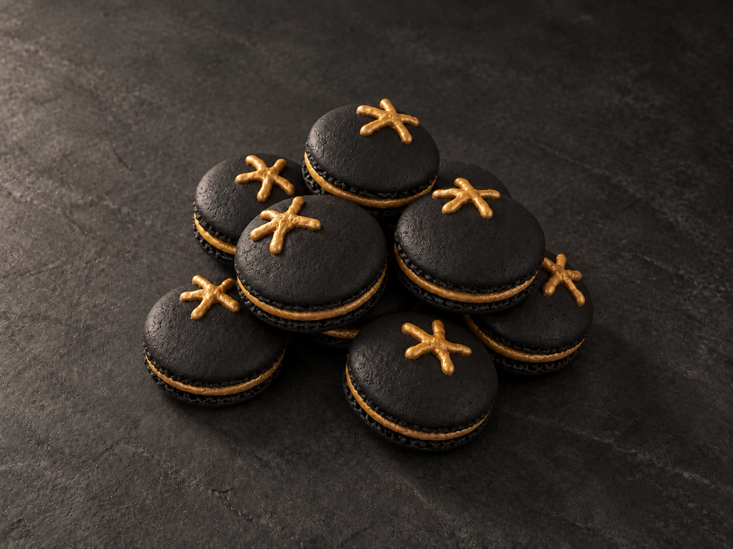 Gilded Midnight Tomato Macarons